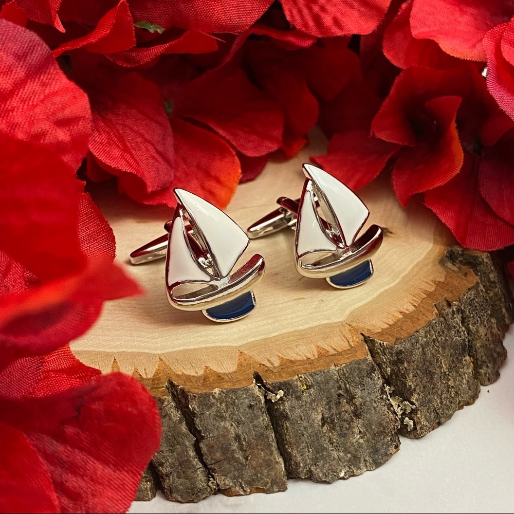 White and Blue Sailboat Cufflinks - Picture 8 of 16